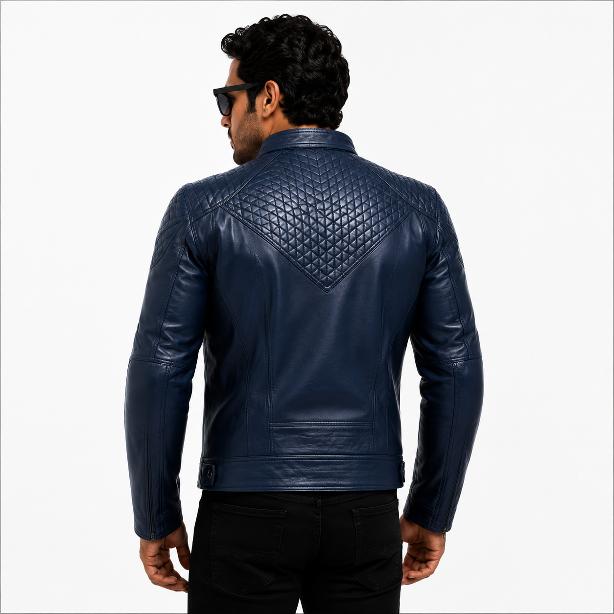 Men's Navy Blue Quilted Racer Leather Jacket