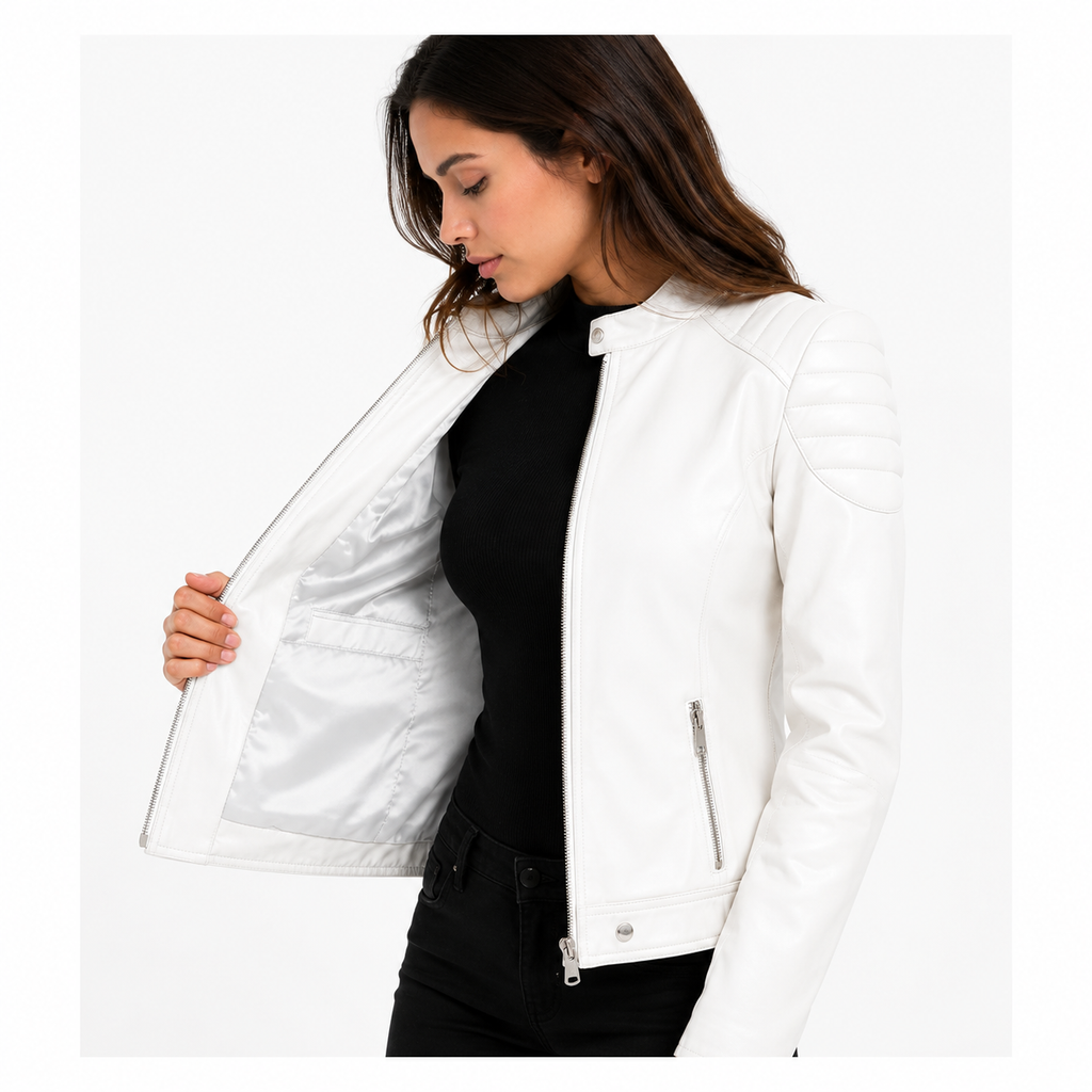 Women's Off-White Cafe Racer Leather Biker Jacket