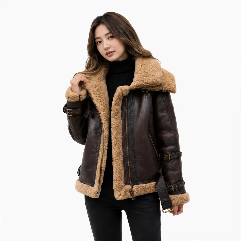 Women's Dark Brown Shearling Aviator Jacket Real Leather B3 Bomber