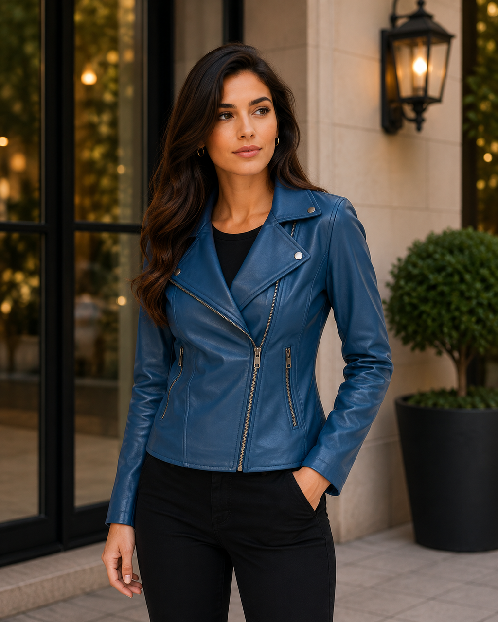 Women's Teal Blue Leather Biker Jacket