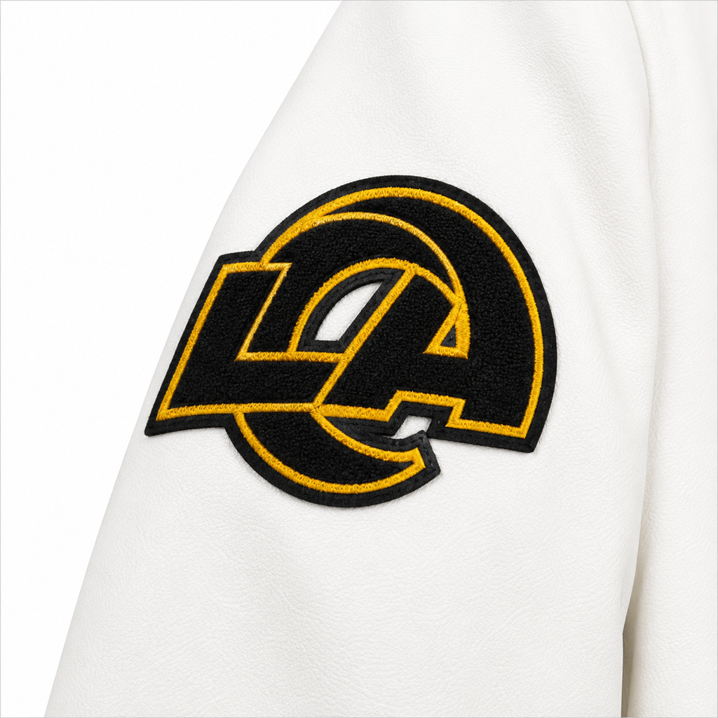 LA Rams Varsity Jacket with Work in the Dark Quote and LA Patch