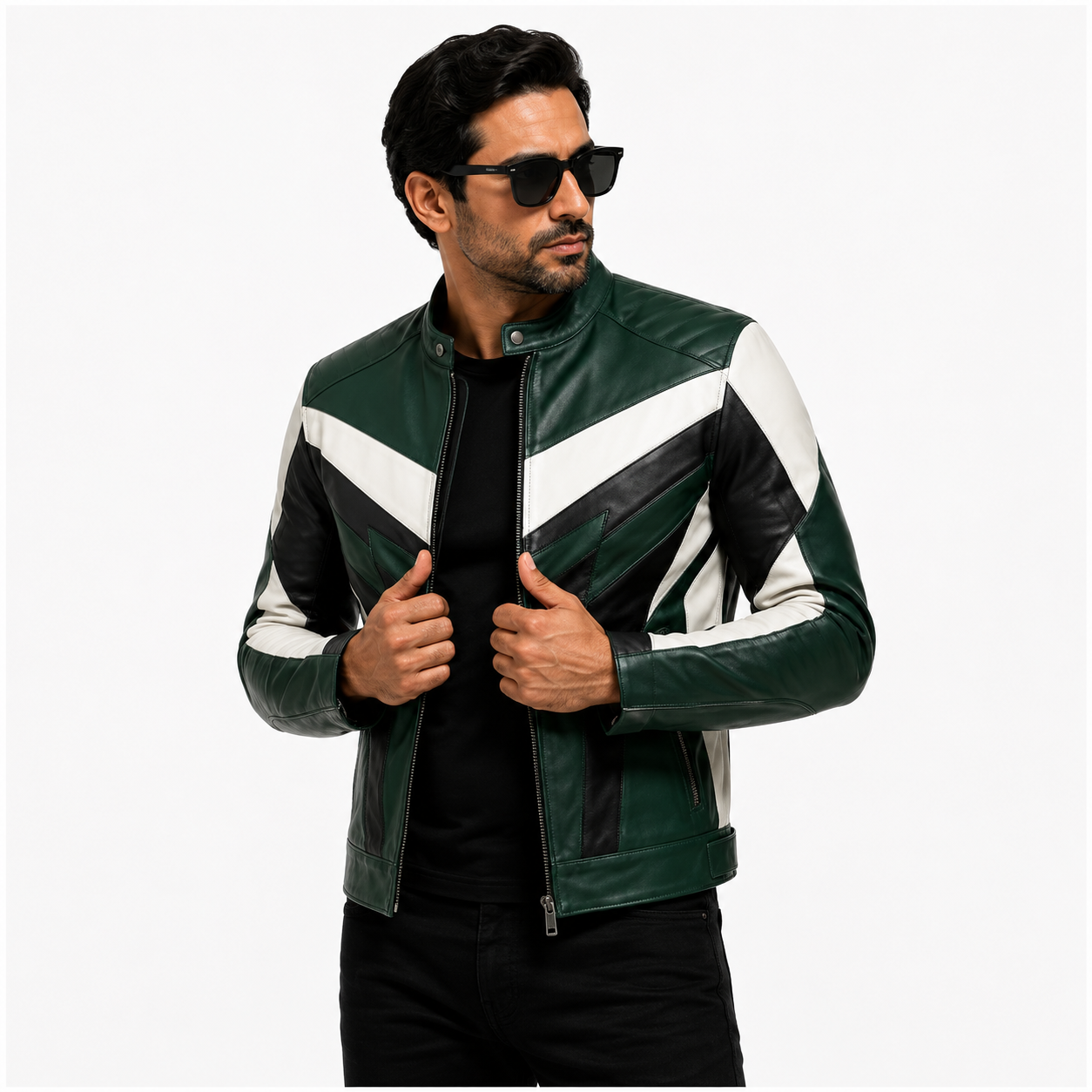 Men's Green, Black & White Racer Leather Jacket