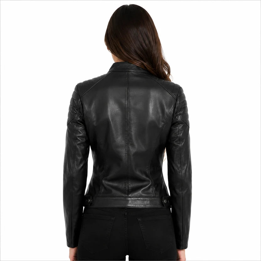 Women's Black Genuine Leather Cafe Racer Jacket