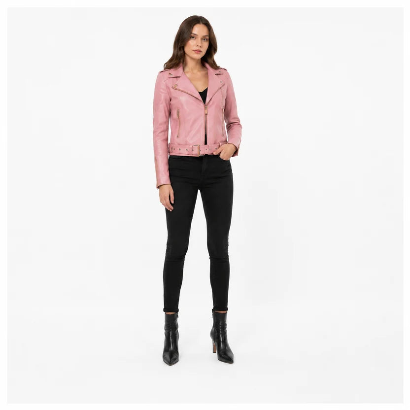women's pink biker leather jacket