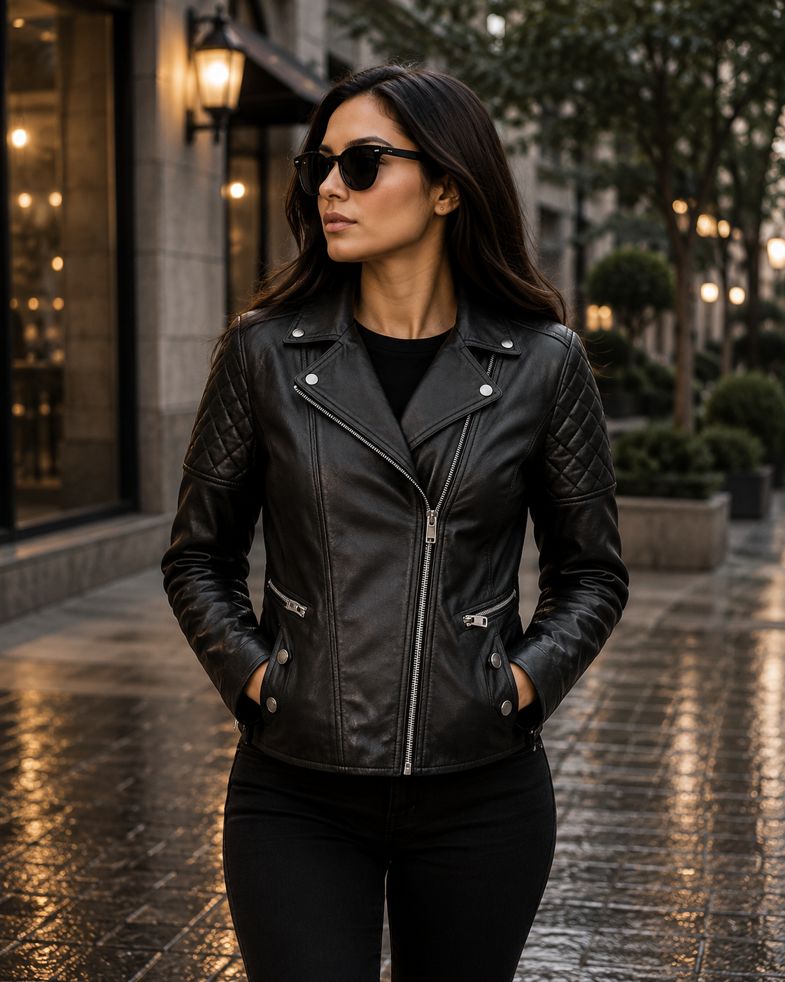 WOMEN'S BLACK QUILTED BIKER LEATHER JACKET