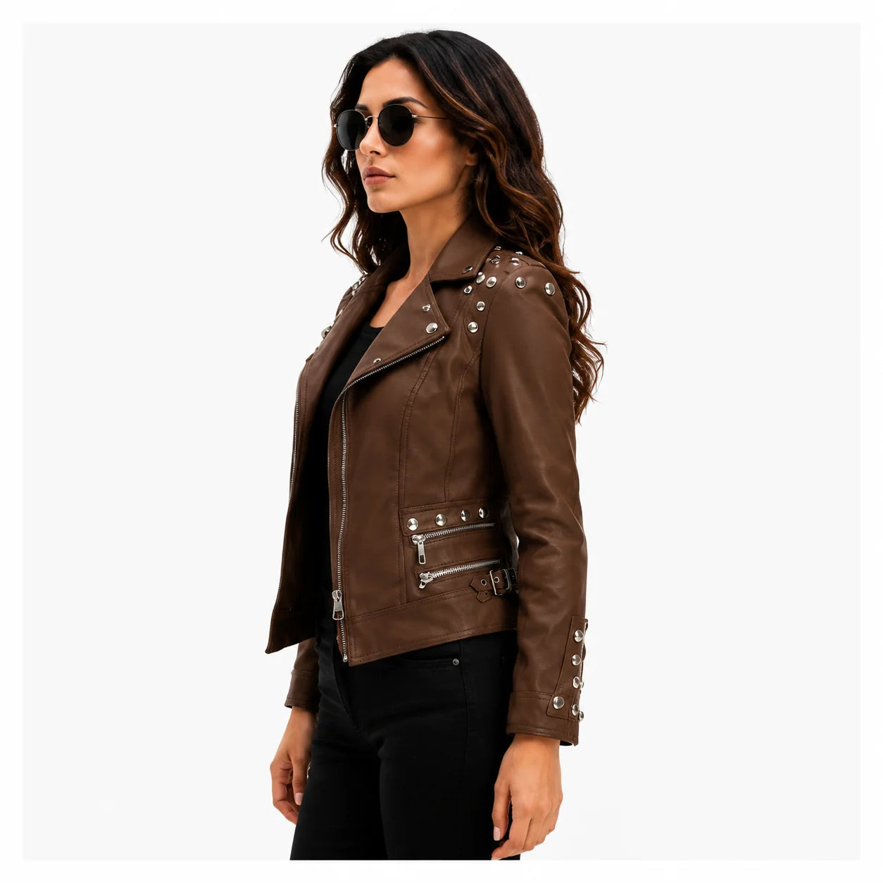 Women's Brown Studded Leather Biker Jacket