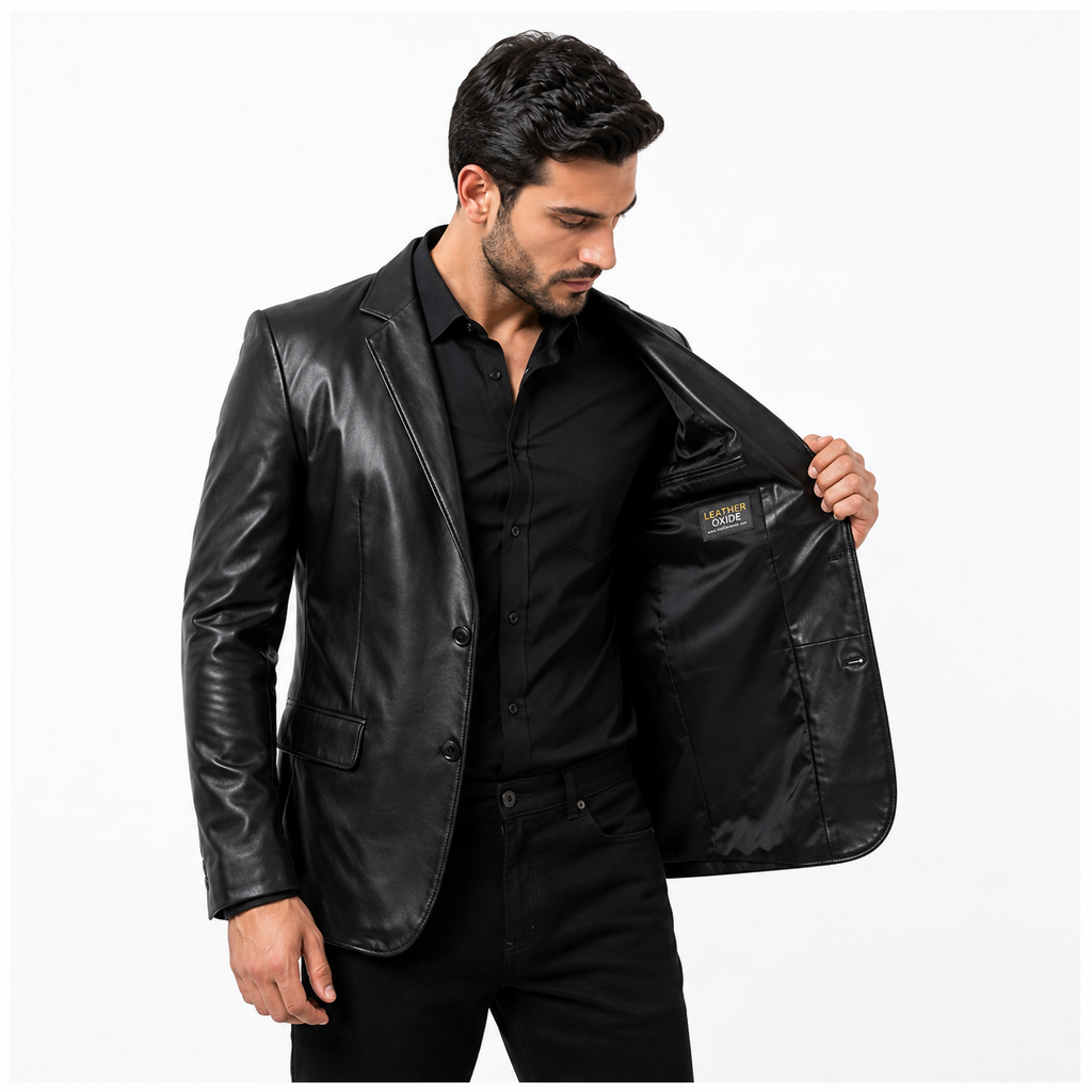 Genuine Leather Blazer Notch Lapel Detail
