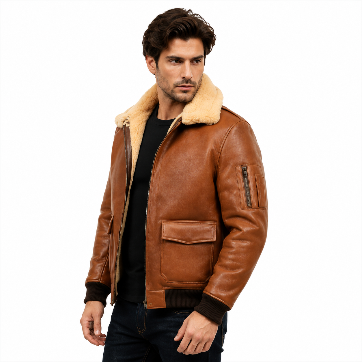 Men's tan brown leather aviator flight jacket