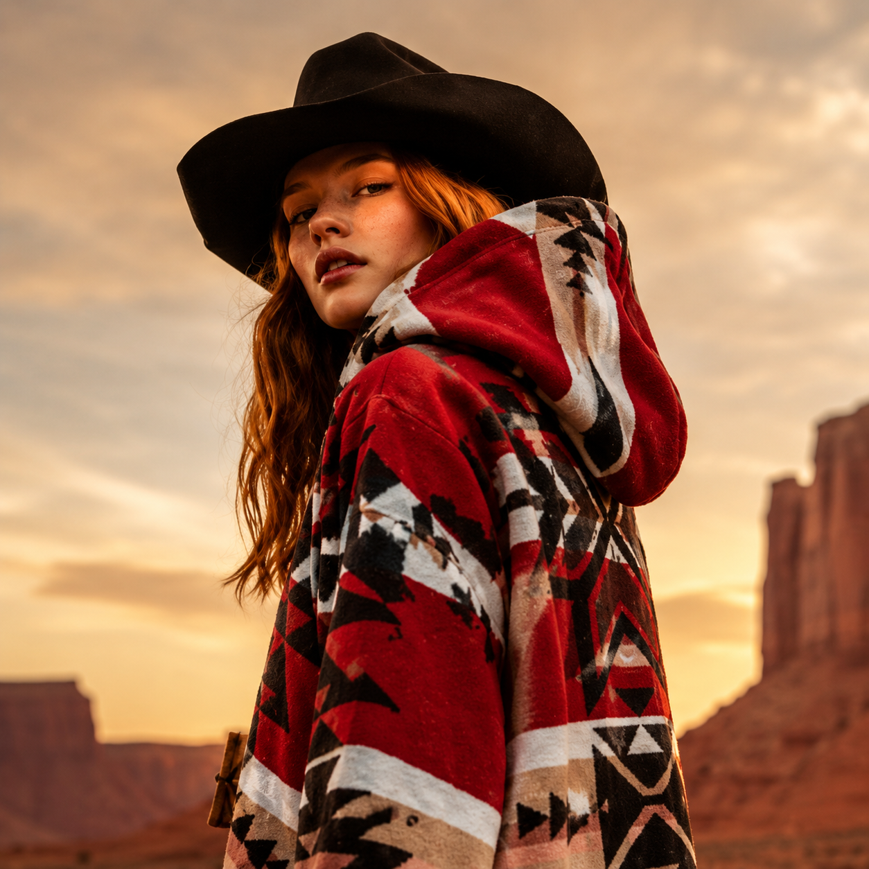 Yellowstone Beth Dutton Red Aztec Print Wool Cape Jacket