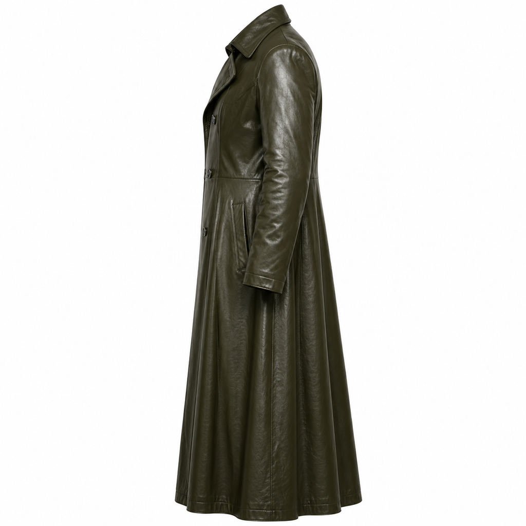 Full-Length Double-Breasted Leather Duster Trench Coat