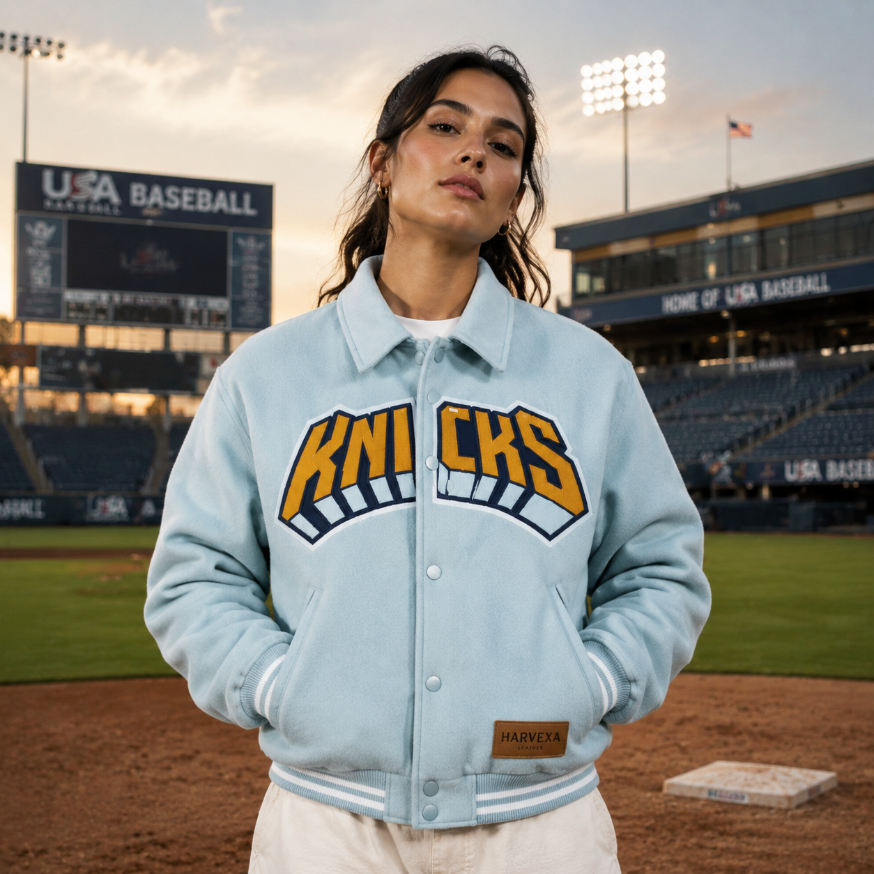 Light Blue New York Knicks NBA Varsity Jacket with Big KNICKS Logo
