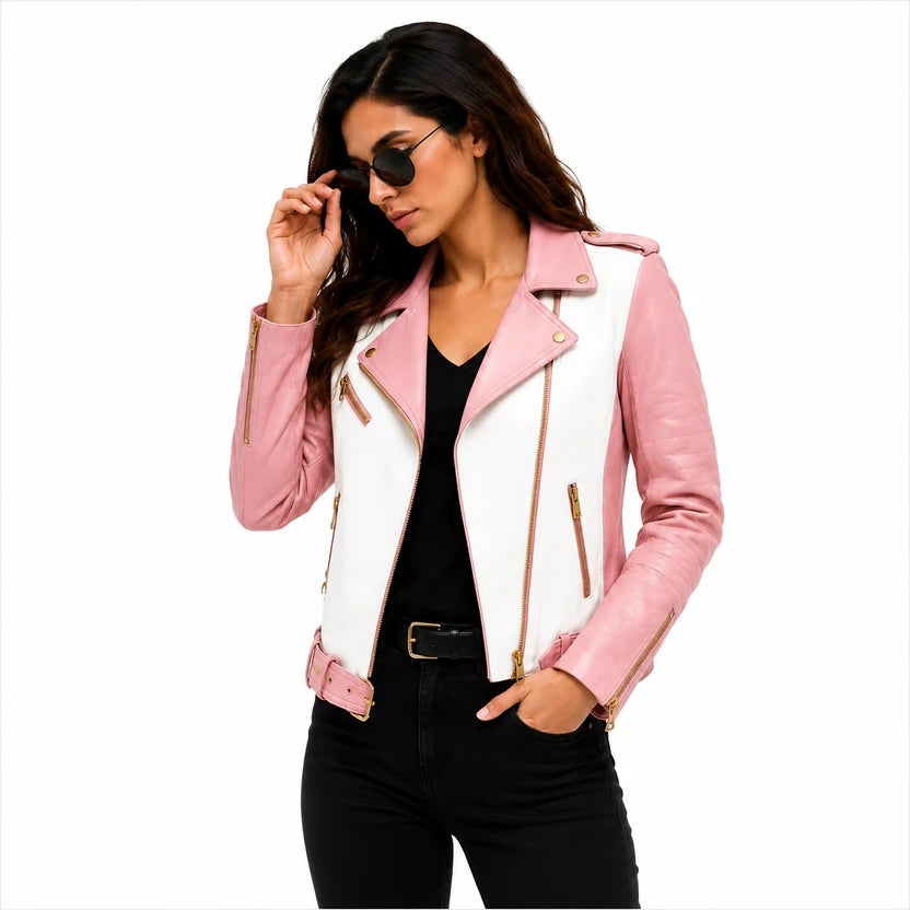 women's pink and white genuine leather biker jacket