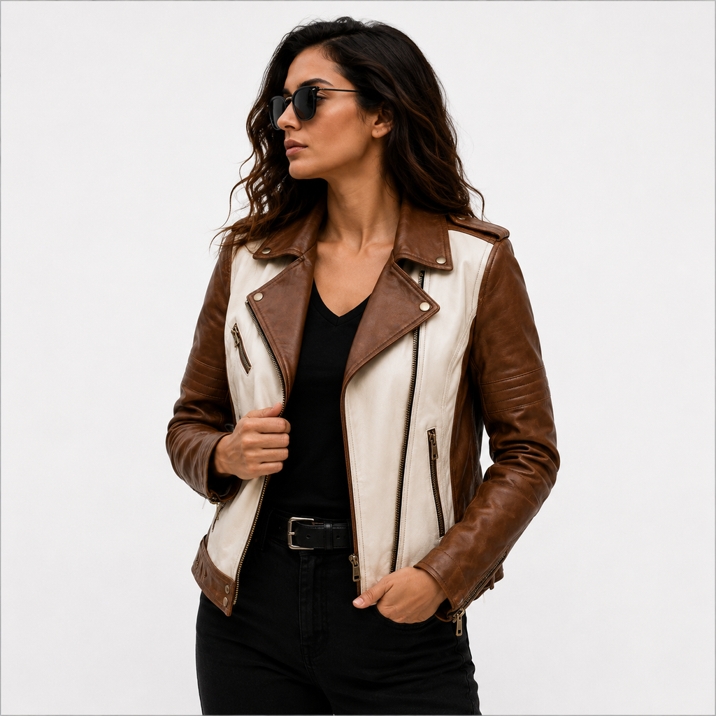 Women's Brown & Cream Biker Leather Jacket