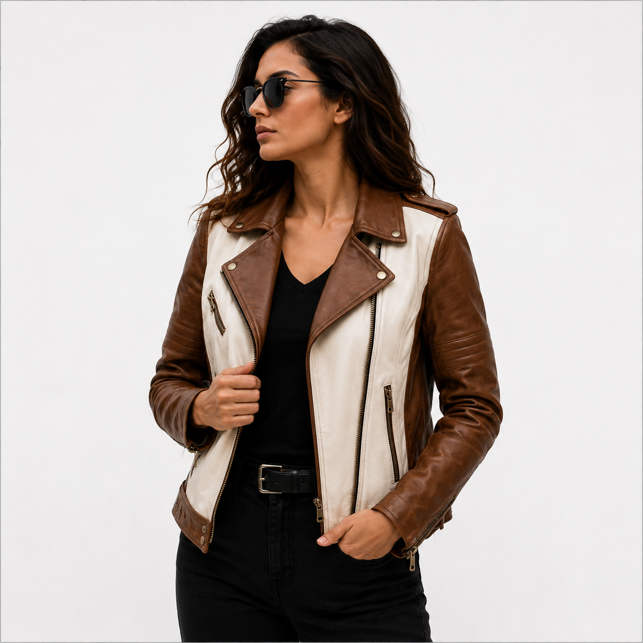 Women's Brown & Cream Biker Leather Jacket