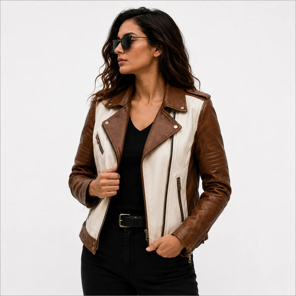 Women's Black & White Genuine Leather Moto Jacket