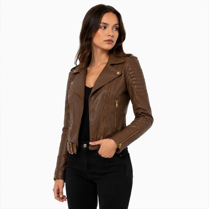 women's brown biker leather jacket