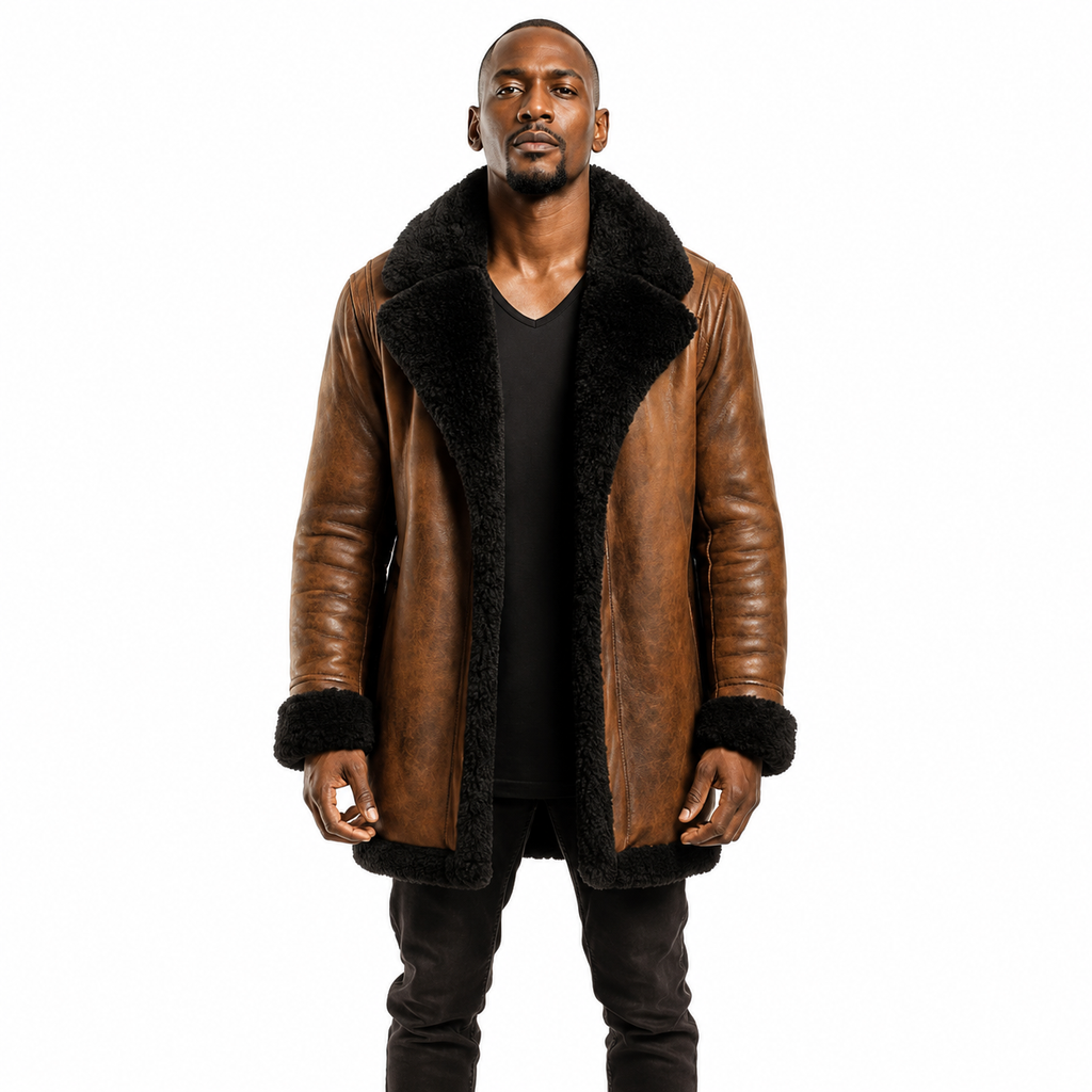 Man Wearing Brown Shearling Coat Winter Outfit