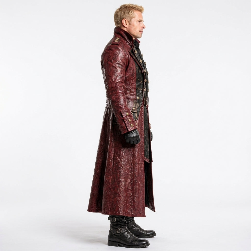 embossed burgundy leather texture on medieval military coat