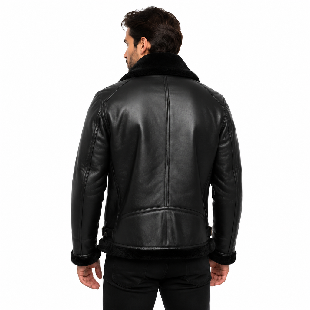 Men's Black Faux Shearling Aviator Biker Jacket