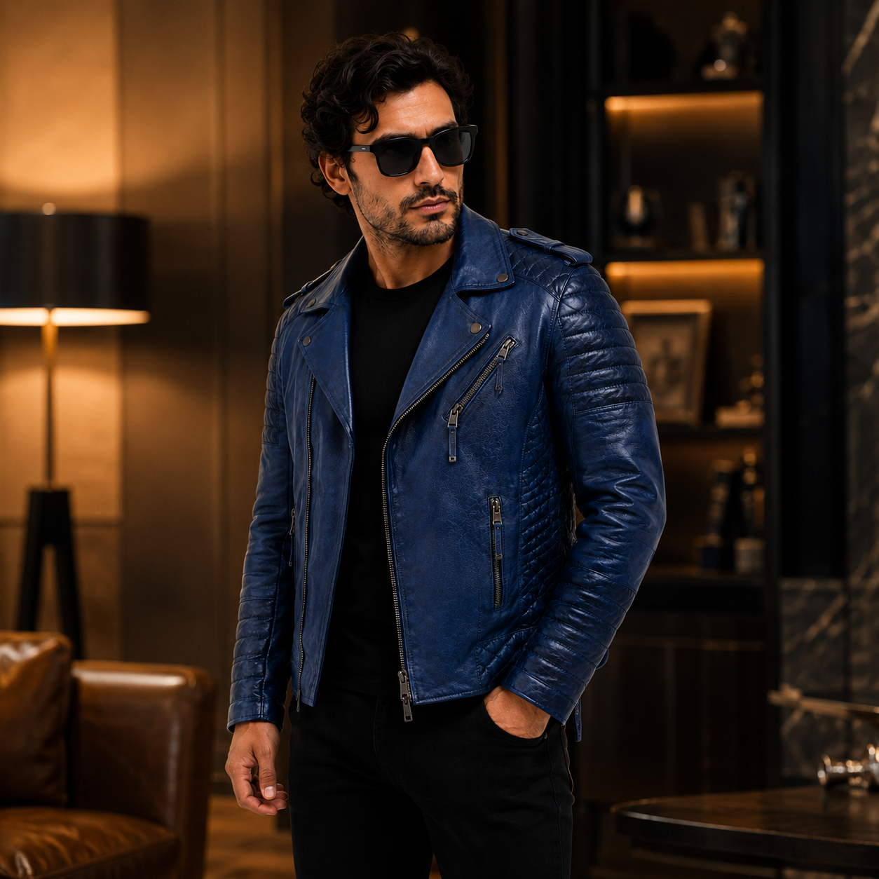 Men's Distressed Navy Blue Asymmetric Leather Biker Jacket