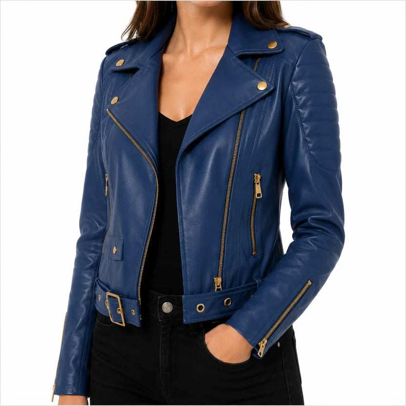 women's royal blue moto leather jacket