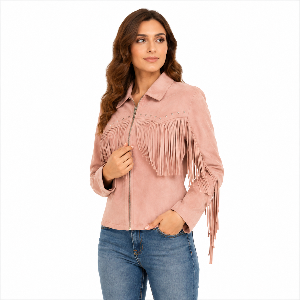 Women's Blush Pink Faux Suede Fringe Zip-Up Jacket