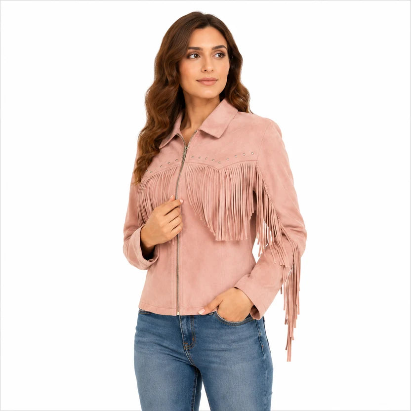 Women's Pink Suede Fringe Jacket