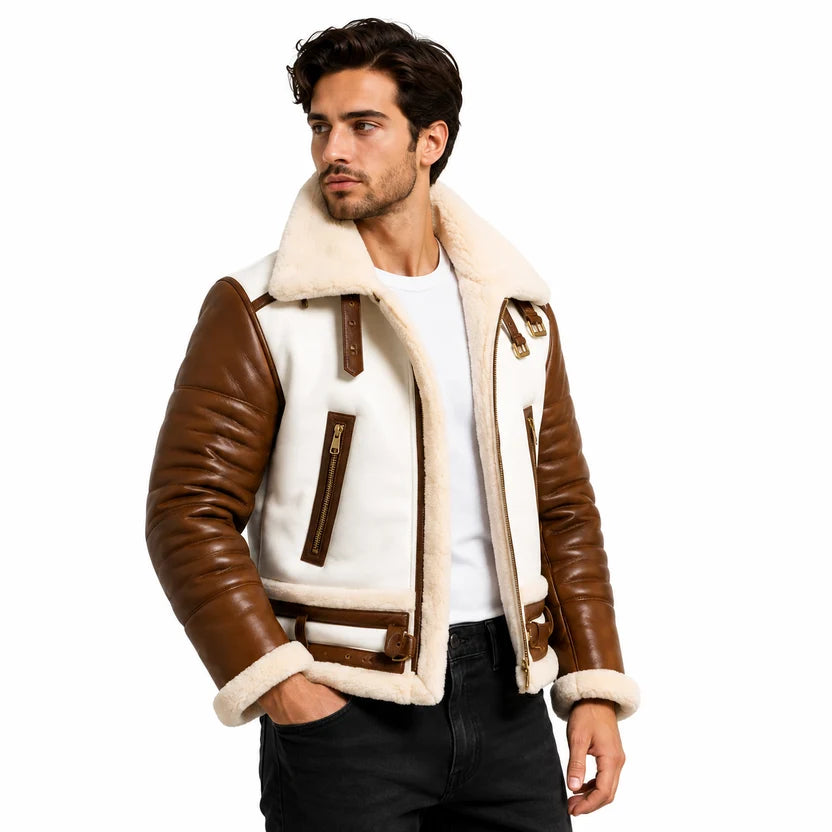brown leather shoulder straps on bomber jacket