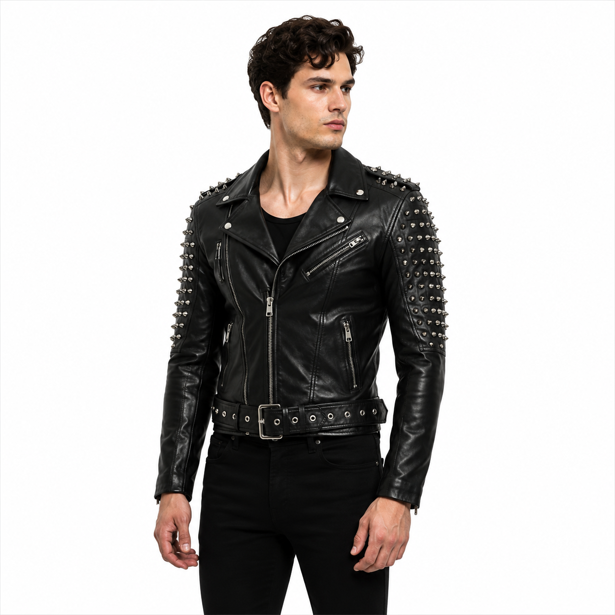 Men's Black Spiked Genuine Leather Asymmetrical Biker Jacket