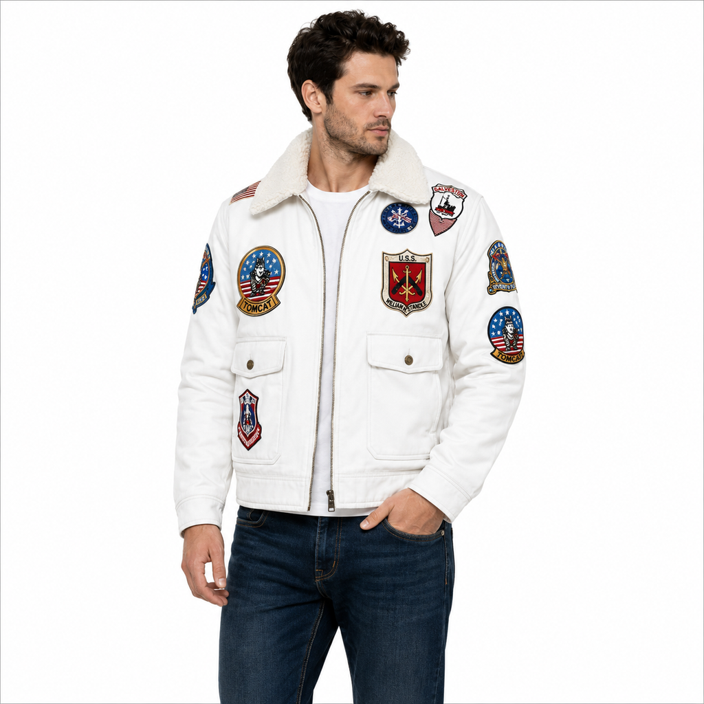 Men's White Top Gun Aviator Leather Jacket