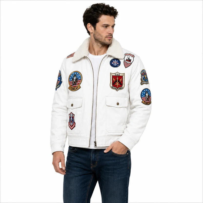 Men's White Genuine Leather Top Gun Bomber Jacket
