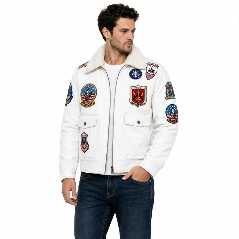 Men's Black Genuine Leather Top Gun Bomber Aviator Jacket