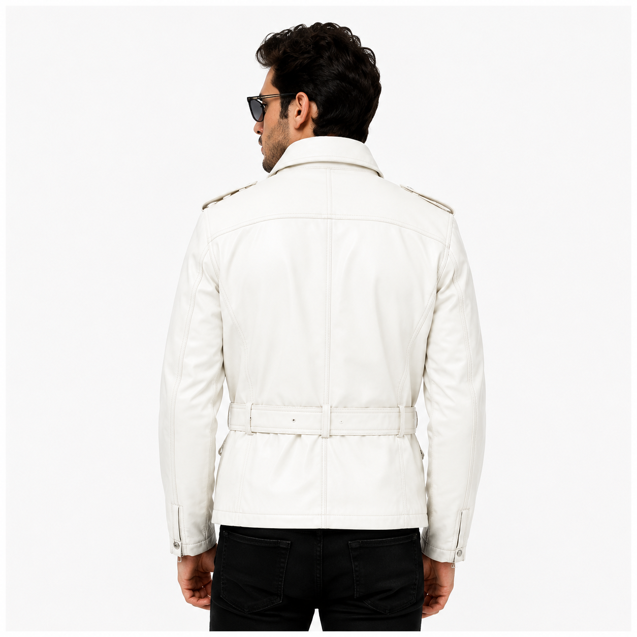 Men's White Military Safari Leather Field Jacket