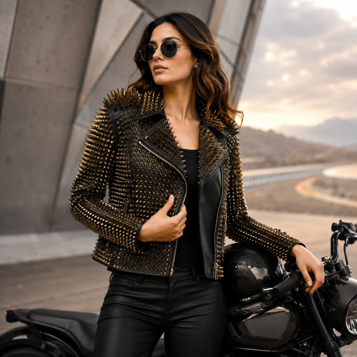 Women's Luxury Studded and Spiked Black Leather Biker