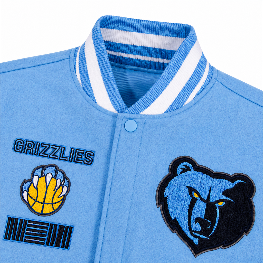 Light Blue and White Memphis Grizzlies NBA Varsity Jacket with Bear Logo Patches