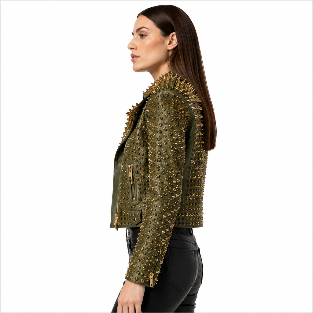 Olive Green Spiked Punk Rock Leather Jacket