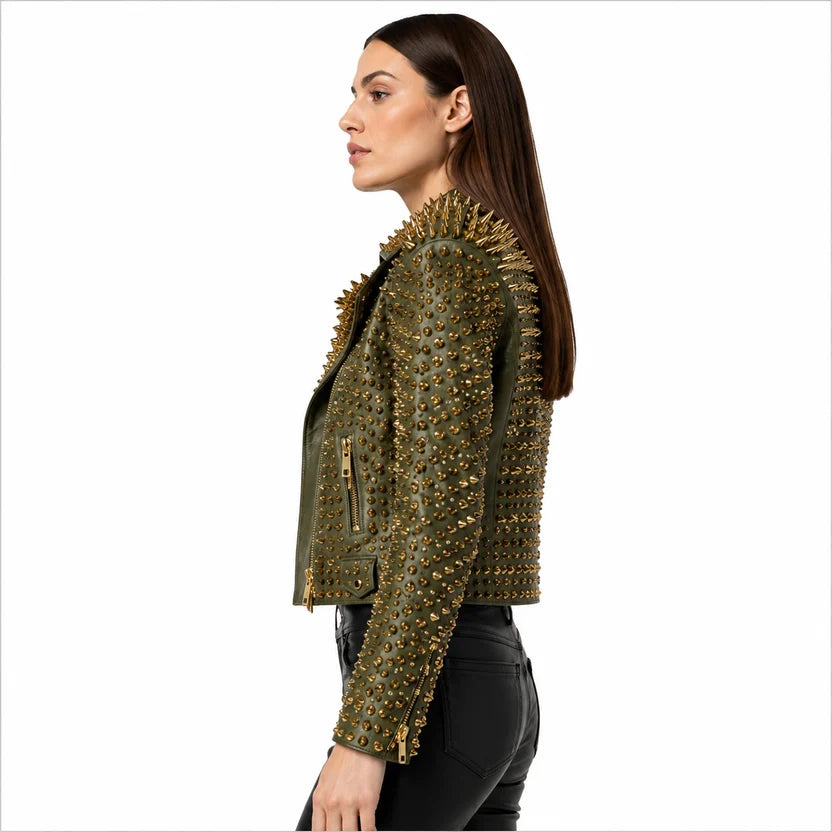 Women's olive green studded leather jacket