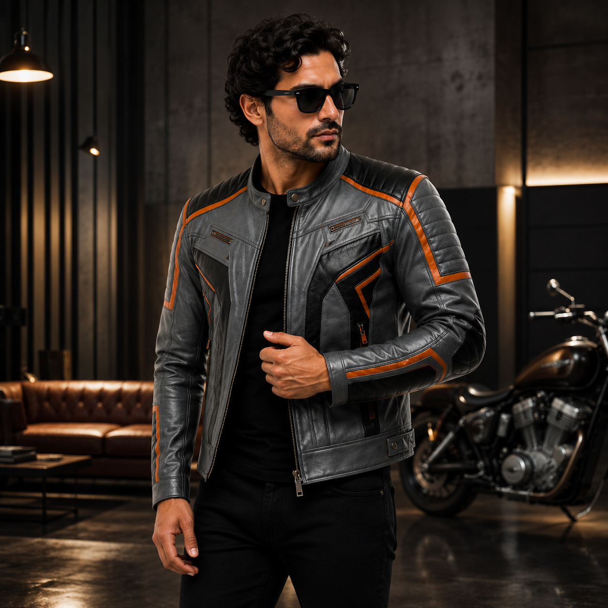 Men's Distressed Grey Cafe Racer Leather Biker Jacket