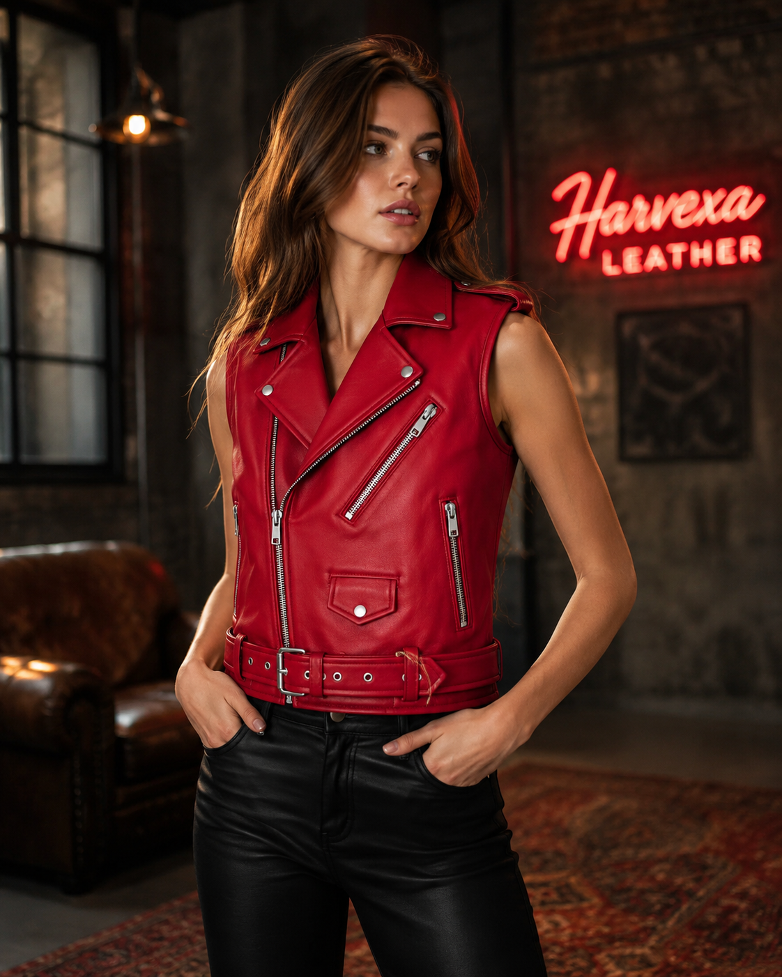 Women's Red Leather Biker Vest