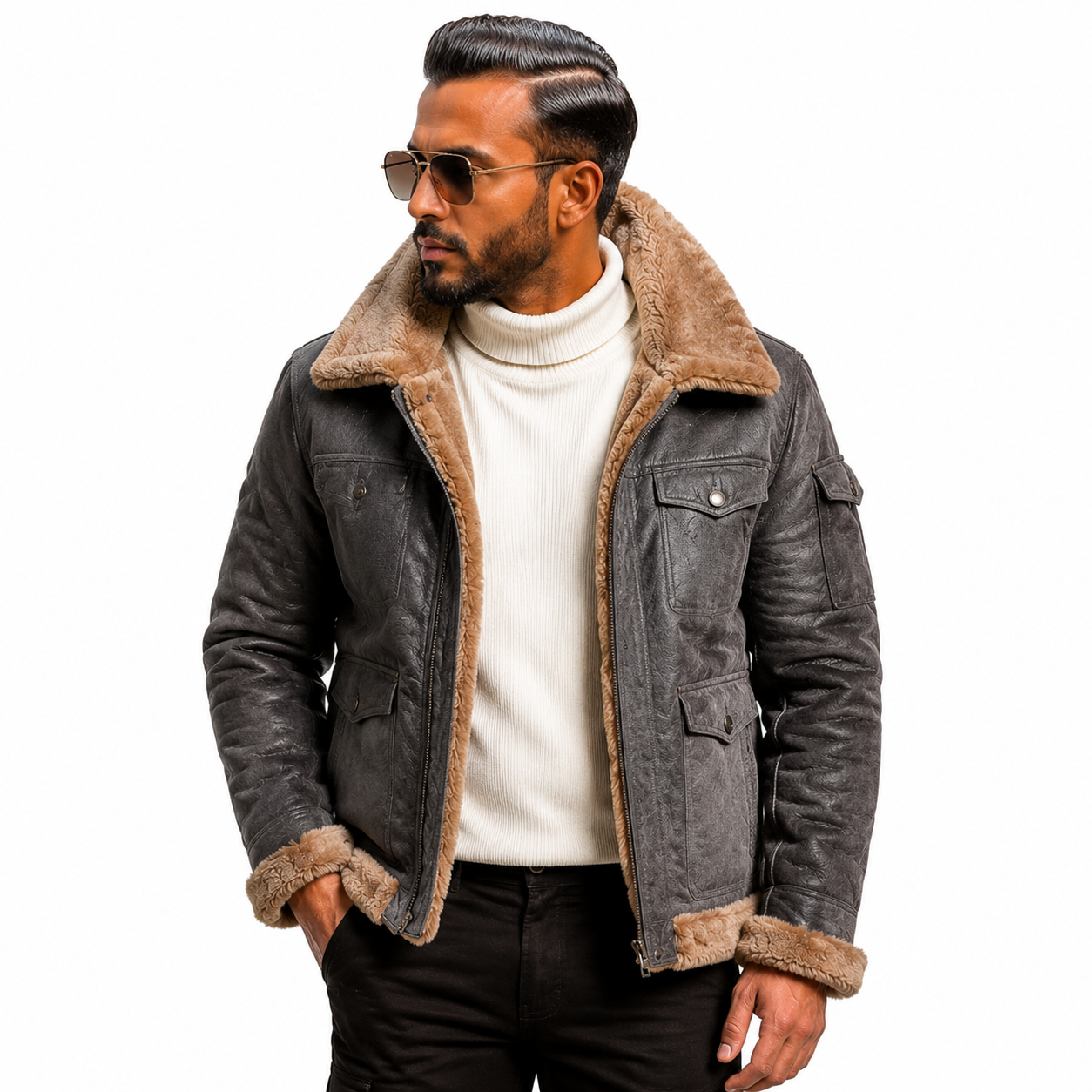 Men's Distressed Grey Suede Aviator Jacket