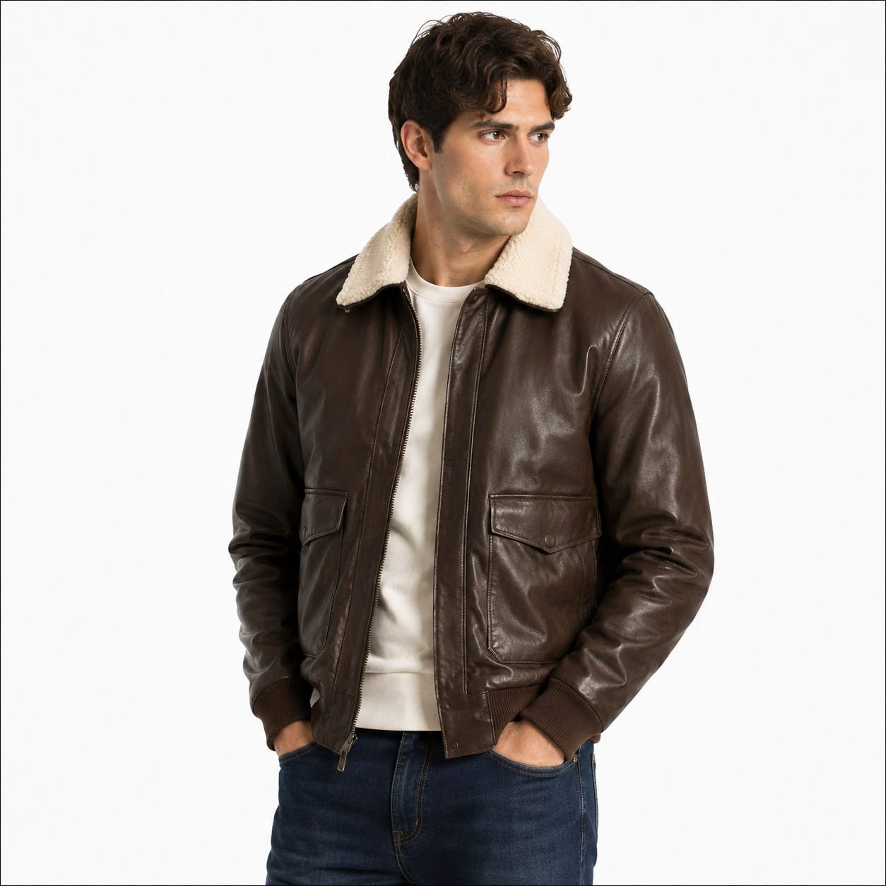 Mens Pilot Brown Bomber Shearling Leather Jacket