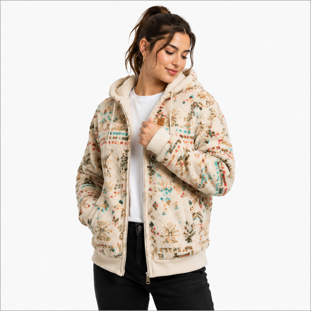 Women's Beige Aztec Sherpa Fleece Hooded Jacket 