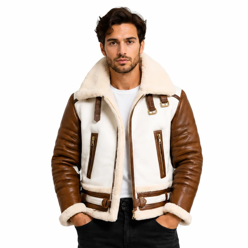 Men's Brown and White Leather Shearling Bomber Jacket