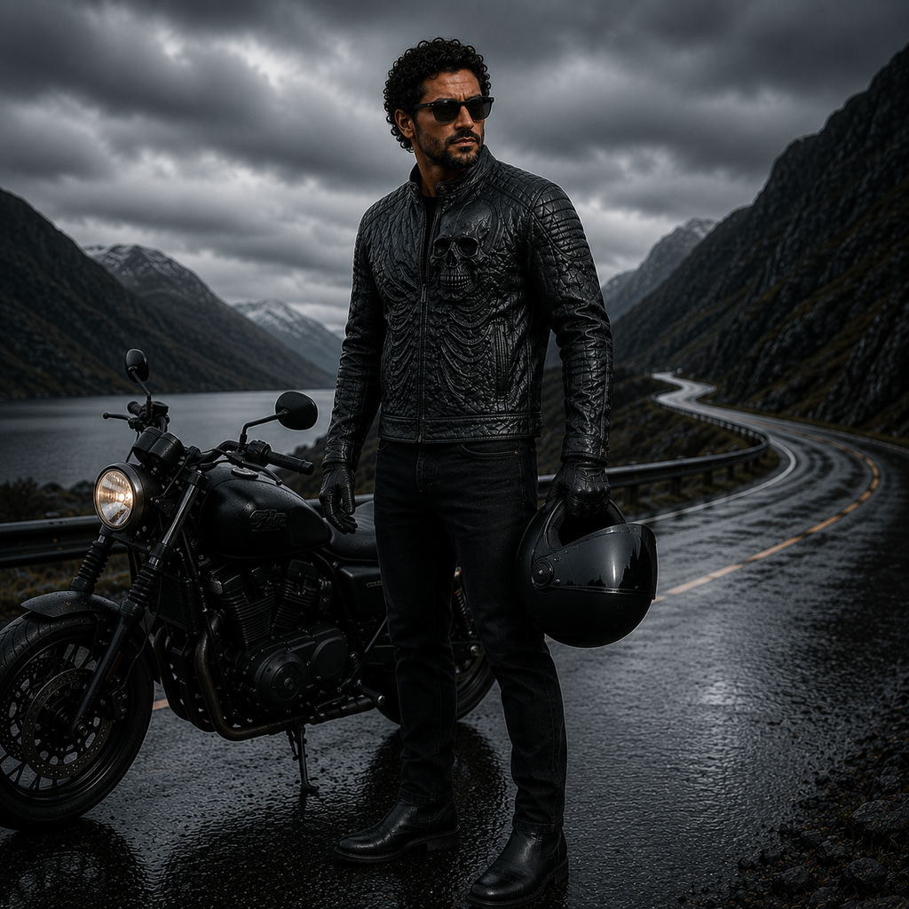 Men's Black Skull Embossed Biker Leather Jacket