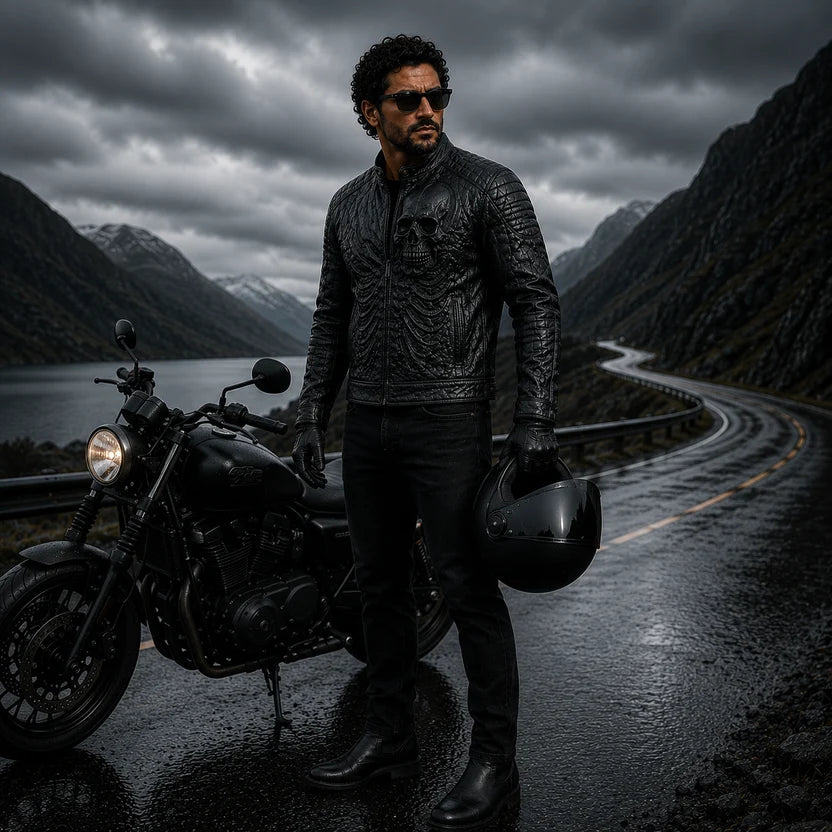 charcoal grey leather biker jacket