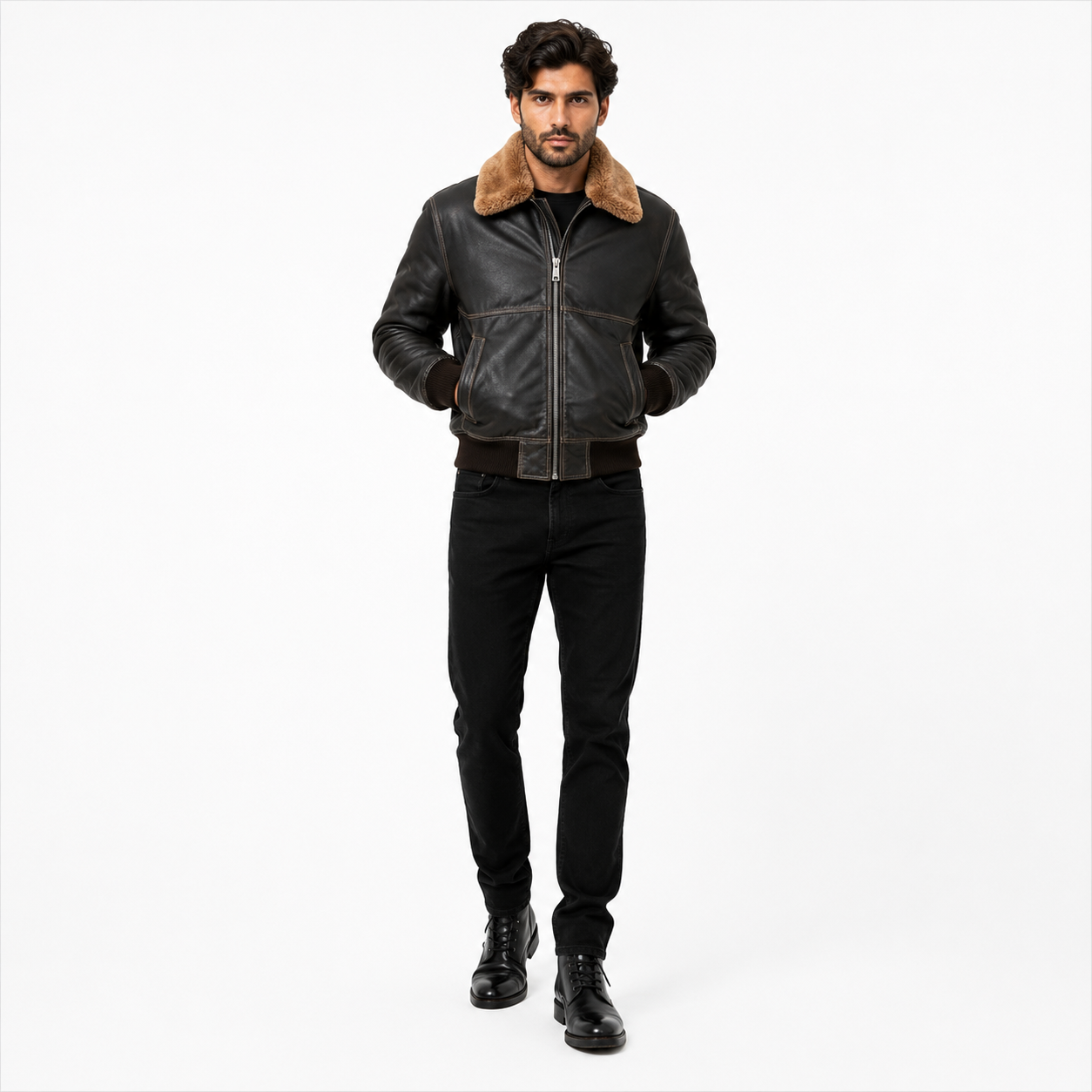 Men's black leather shearling aviator bomber jacket
