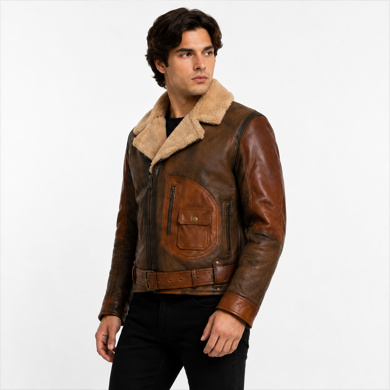 Men's distressed brown shearling aviator jacket