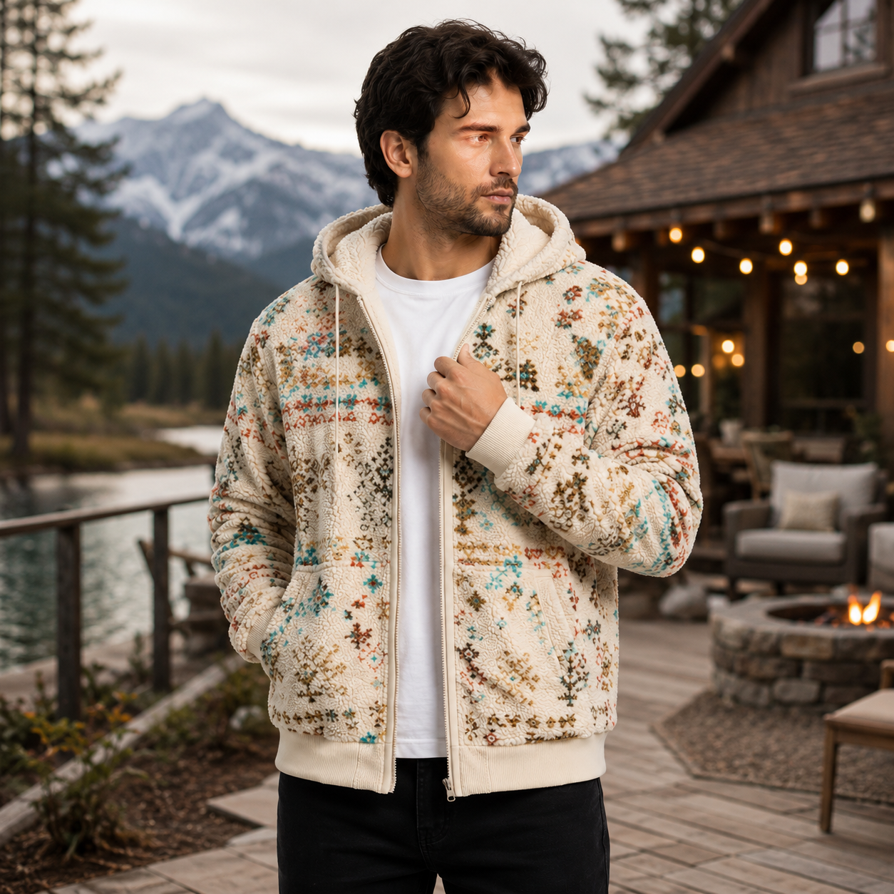 Men's Beige Sherpa Jacket Winter Casual Outfit