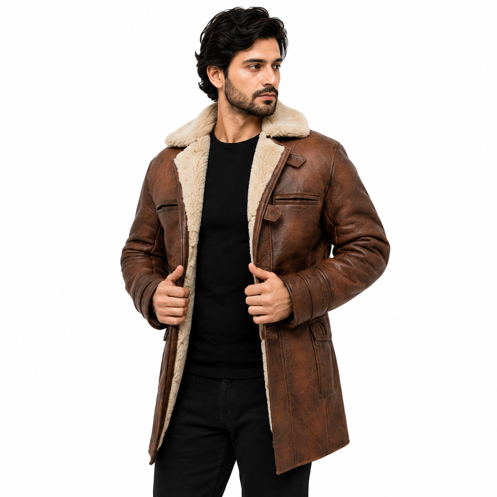 Men's Brown Faux Shearling Long Leather Coat