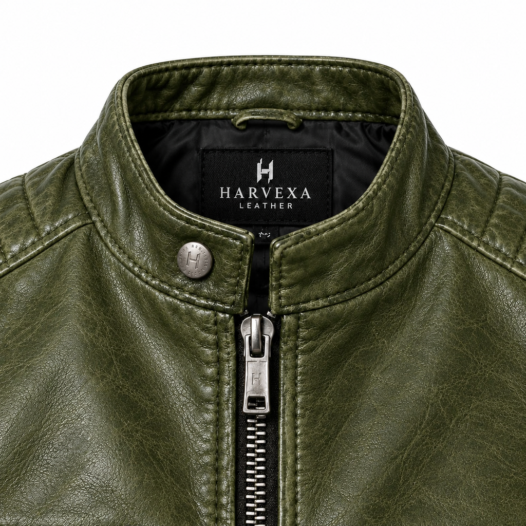Olive Green Leather Jacket with Metal Zippers and Quilted Shoulder Details